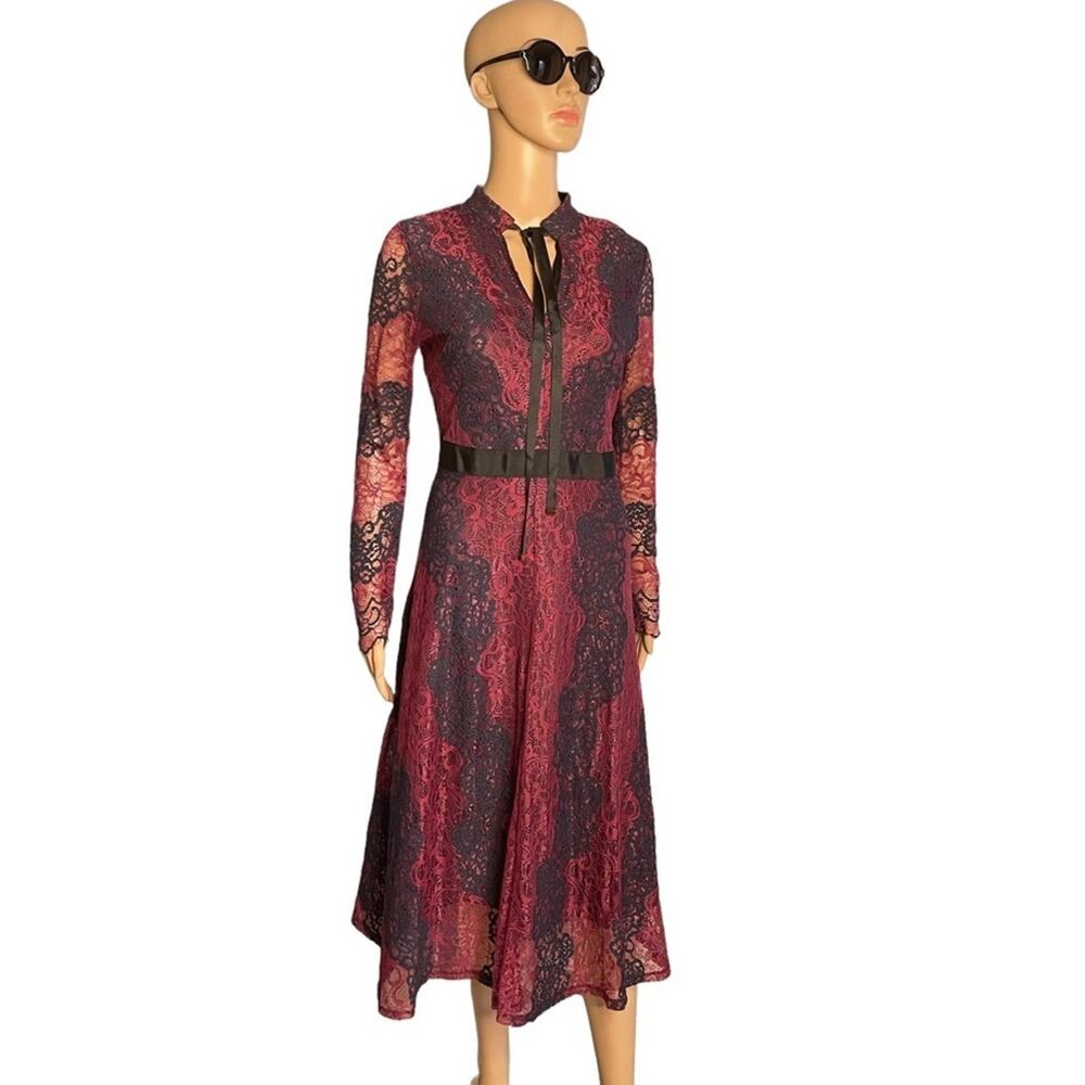 NWOT Feiinvan Dress Women XL Mauve Navy Lace Boho Midi Sheer Evening Long Sleeve